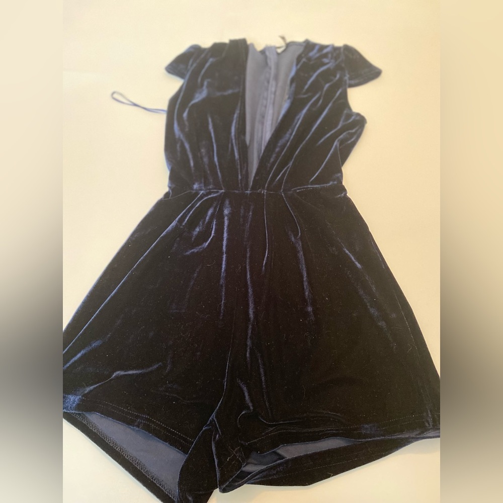 Tobi Dark Blue Velvet Mini Short Romper with Deep V-neck and open back-XS